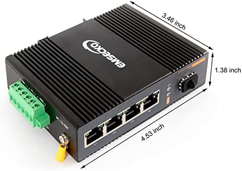Emsecko 5 יציאות מתג רשת תעשייתי Gigabit DIN-Rail, 1000Base 4 יציאות RJ45 Ethernet & 1 יציאה סיבים אופטיים