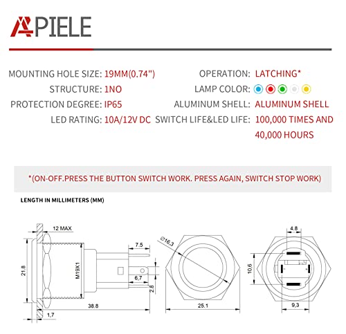 APIELE 10 AMP 19 ממ תפס מתג לחיצה על כפתור 12V SPST LED LED עמיד למים מעטפת שחורה עגולה נעילה עצמית