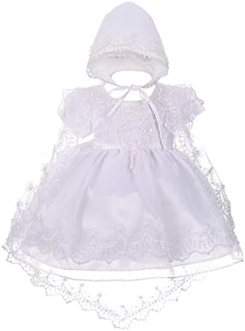 מתגנדר דייזי תינוק בנות חרוזים מסולסל רקמות טבילת הטבלה שמלה לבן שמלה עם תחרה קייפ ומצנפת