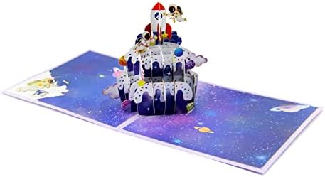 PoploveCard 3D קופץ כרטיס יום הולדת, כרטיס יום הולדת לאסטרונאוט, כרטיסי ברכה של עוגת יום הולדת, כרטיס