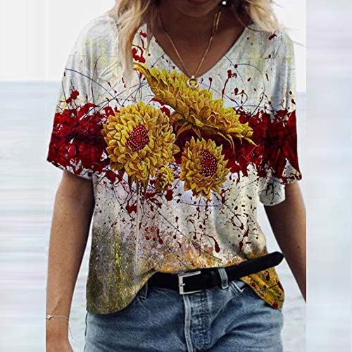 נשים בקיץ גופיות מתאימות רופפות פרחים נופיים הדפסת חולצות נ 'צוואר שרוול קצר טיז חולצות גדולות מדי