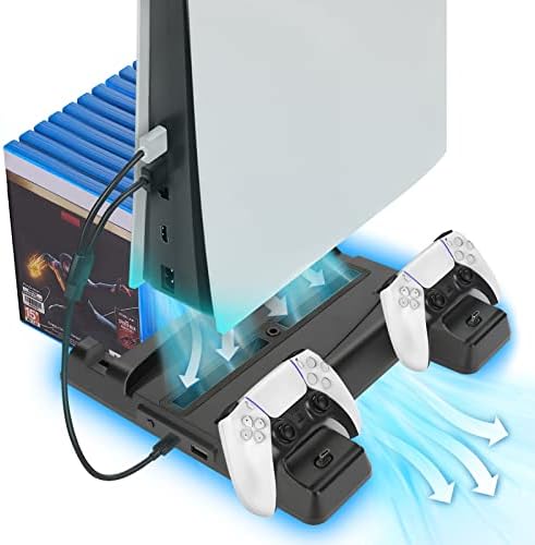 Lingsfire PS5 Stand עם מאוורר קירור ותחנת מטען בקר, אביזרי PS5 שחורים עומדים עם תחנת מטען כפולה של Controller