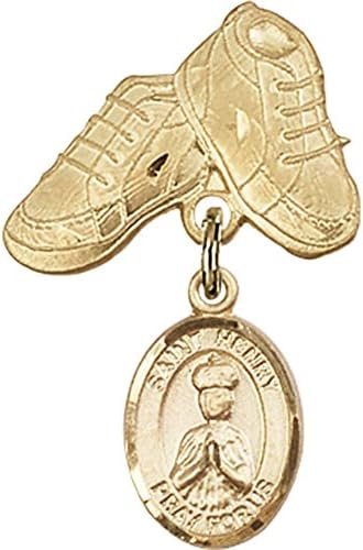 תג תינוק מלא זהב עם קסם סנט הנרי השני ומגפי תינוק פין 1 על 5/8 אינץ