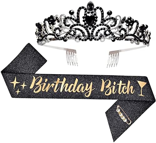 יום הולדת כלבה אבנט & כתר נזר ערכת - שחור גליטר יום הולדת אבנט יום הולדת מתנות לנשים יום הולדת ספקי