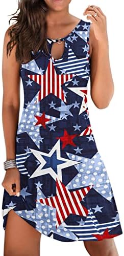4 ביולי שמלות לנשים שמלת טנק קיץ מזדמן דגל אמריקאי ללא שרוולים חור מנעול צוואר כוכבים פסים שמלה קיצית