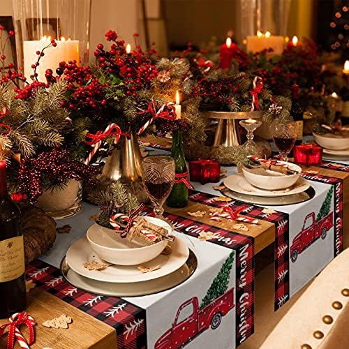 רץ לשולחן כותנה ופשתן-13 על 70 אינץ', חג מולד שמח משאית אדומה מושכת עץ חג המולד רץ לשולחן דקורטיבי לארוחת