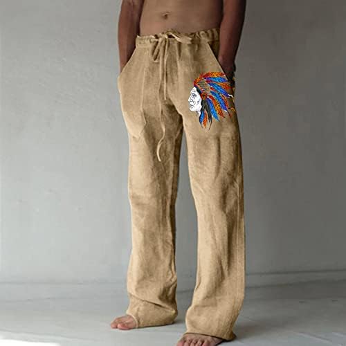 Miashui Star Boy Mens Mens אופנה כותנה מזדמנת וכיס מודפס תחרה למעלה מכנסיים בגודל גדול מכנסיים מדפיסים