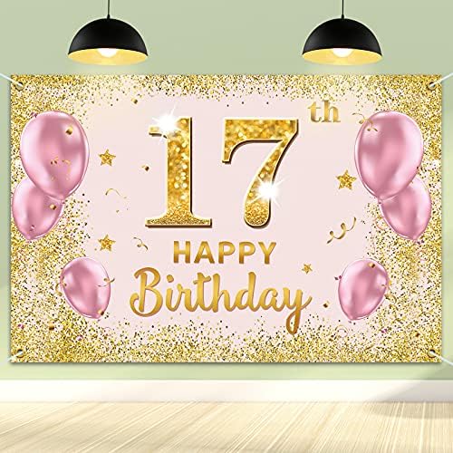 פקבוום באנר רקע יום הולדת 17 שמח-17 אספקת קישוטים למסיבת יום הולדת לילדות-ורוד זהב 3.9 על 5.9 רגל