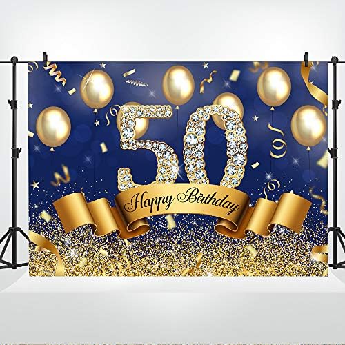 שמח יום הולדת 50 רקע כחול וזהב נצנצים בלון יהלומים צילום רקע מבריק למבוגרים גברים חמישים שנה גיל מסיבת