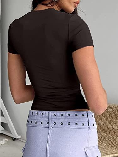 חולצות יבול בסיסיות מזדמנים של נשים בכושר דק שרוול קצר צוואר צוות חולצות צמודות