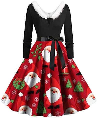 נשים חג המולד שמלות שלג מודפס חג בציר פאזי צווארון שמלה ארוך שרוול קוקטייל פורמליות נדנדה שמלה