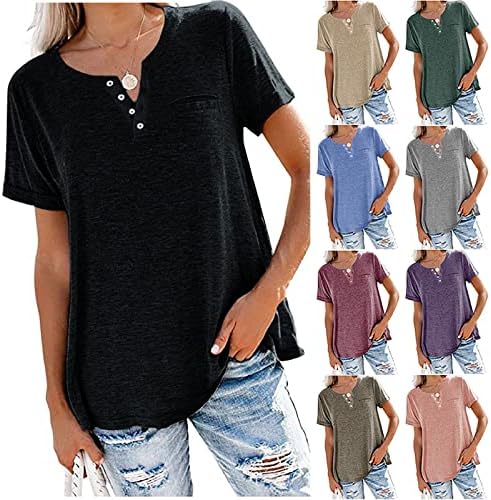 חולצות T בסיסיות לנשים כפתור טי מוצק רגיל V צוואר צוואר חולצות קיץ מזדמנים חולצות שרוול קצר פשוט