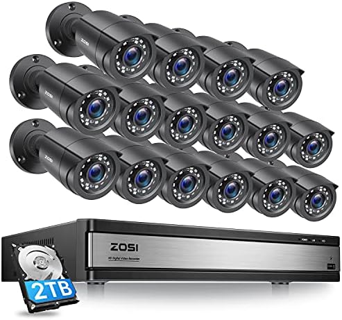 Zosi H.265+ 16 מערכת מצלמות אבטחה ערוצים 1080p, 16 ערוצים היברידיים DVR עם HDD 2TB ו- 16 x 1080p מצלמות