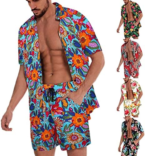 גברים אביב קיץ מערכות קיץ מזדמן חליפת חוף הוואי פרחונית כפתור מזדמן טרופי למטה מעיל שרוול קצר חליפת