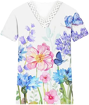 נשים קיץ תחרה חולצות צוואר שחבור פרחוני הדפסת חולצה בתוספת גודל קצר שרוול רופף מתאים מקרית טרנדי חולצה