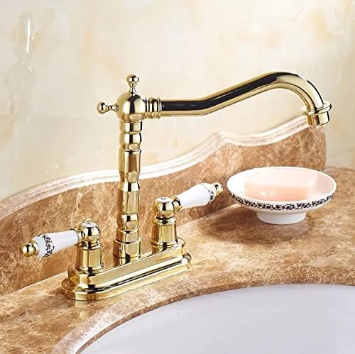 פליז צבע זהב 4 מרכזי מטבח כלי אמבטיה כיור שני חורים אגן ברז קרמיקה כפולה מטפל ברז מים