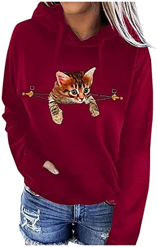 נשים נים חולצות חמוד חתול הדפסה ארוך שרוול סוודר עם כיס סתיו מזדמן רופף סלעית למעלה חולצה חולצה