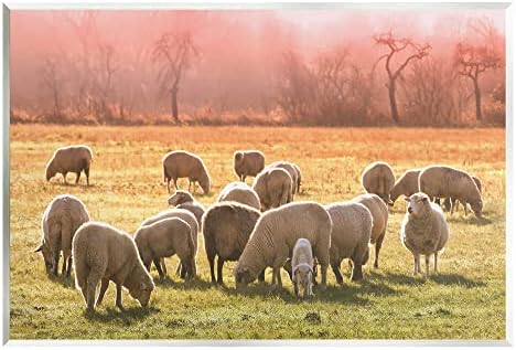 סטופל תעשיות כבשים עדר מרעה חם ורוד שקיעה כפרי כר דשא עץ קיר אמנות, עיצוב על ידי דפנה פולסלי