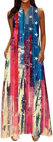 שמלת יום עצמאות של HCJKDU שמלת יום עצמאות דגל אמריקאי הדפס חוף ללא שרוולים עם כיס שמלת מקסי פטריוטית