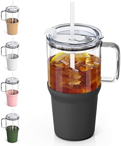 כוס זכוכית סורסיפ 32 אונקיות עם ידית, בקבוקי מים מזכוכית עם מכסה וקש, כוס קפה קר לשימוש חוזר עם שרוול