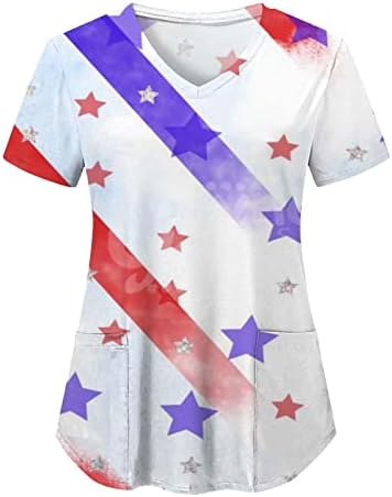 4 ביולי חולצות לנשים דגל ארה ב קיץ שרוול קצר חולצות עם 2 כיסים חולצה למעלה בגדי עבודה מזדמנים לחג