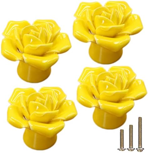 Esreake 4-חבילות קרמיקה של ורד צהוב, פרח ורד קרמיקה וינטג 'מושך ארון מטבח שולחן איפור שיבוש ידיות עם