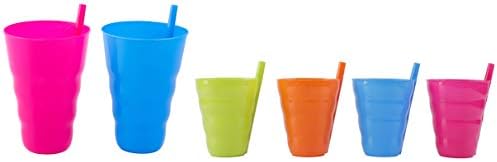 בסיסי לשימוש חוזר פלסטיק כוסות עם קש כחול, ורוד ירוק, וכתום, סט של 6