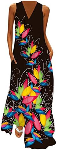 בציר שמלת קאמי צוואר קיץ שמלת דפוס הדפסת מסיבת שרוולים מקסי עם כיסי נשים שמלות לנשים מידי