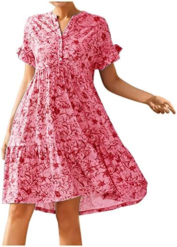 שמלות קיץ 2023 לנשים בוהמי נדנדה פרחונית כפתור שמלת מידי קדמית V צוואר שרוול קצר פרע שכבה A-Line שמלה