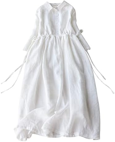 שמלת פשתן כותנה וינטג 'של נשים כפתור לקצץ כפתור למטה 3/4 שמלות מידי מזדמנים של שרוול קיץ זורם רופף.