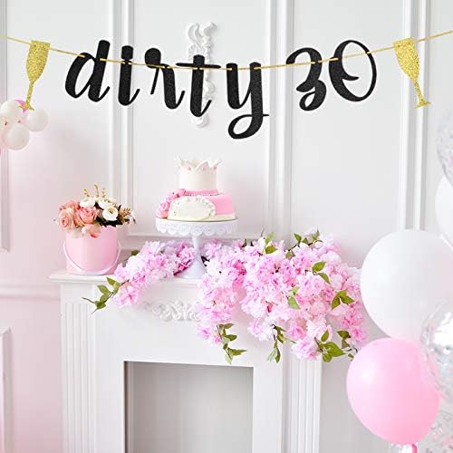 Black & Golden Dirty 30 באנר, שמחה של יום הולדת 30 שמח לנשים, שלום 30 שלט, קישוטים למסיבות יום נישואין