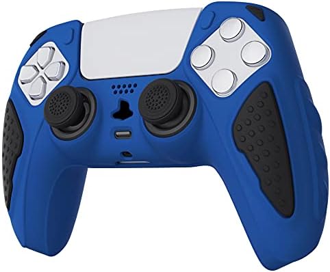 PlayVital כיסוי סיליקון דו-גוני עבור בקר PS5, מארז גומי נגד החלקה לבקר PS5 עם כובעי אחיזת האגודל-כחול