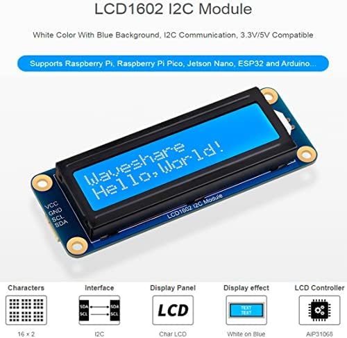 Waveshare AIP31068 LCD1602 I2C מודול, תצוגה של 16x2 תווים, צבע לבן עם רקע כחול, תואם לארדואינו/פטל PI/Raspberry