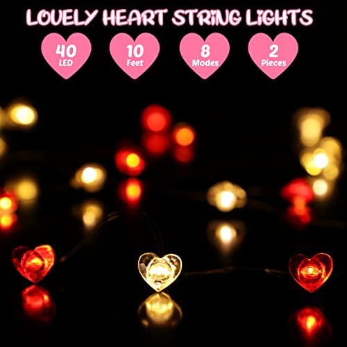 2 יח 'אורות מיתרי לב של Valentines יום, סך הכל 20 ft 80 LED אורות לב לבנים אדומים סוללה סוללה מפעילה
