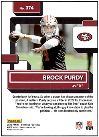 Brock Purdy RC 2022 Donruss Rokies Rokies Press Premium 374 NM+ -MT+ NFL כדורגל 49ers מדורג טירון