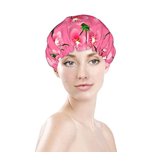 פריחת דובדבן פרחים ורודים כובעי אמבטיה לילדים כובע שיער כובעי מקלחת לשימוש חוזר כובע שיער מקלחת רכה