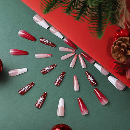אורן חג המולד לחץ על ציפורניים אדום ארוך מזויף ציפורניים ארון פתית שלג פסים מבריק שווא ציפורניים עיצובים