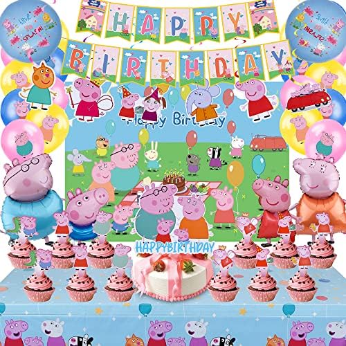 קריקטורה חזיר יום הולדת ספקי צד-60 יחידות לטובת מסיבת יום הולדת עם יום הולדת שמח באנר, עוגת טופר , בלונים,