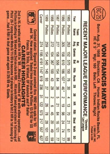 1990 דונרוס בונוס MVPS BC-25 Von Hayes NM-MT Phillies
