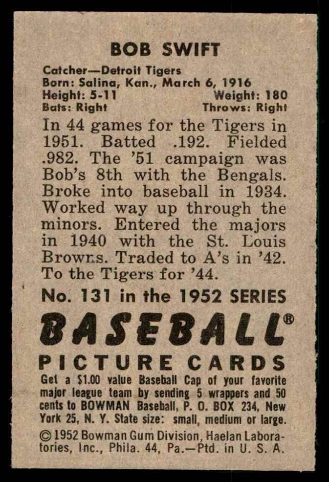 1952 באומן 131 בוב סוויפט דטרויט טייגרס אקס/MT Tigers