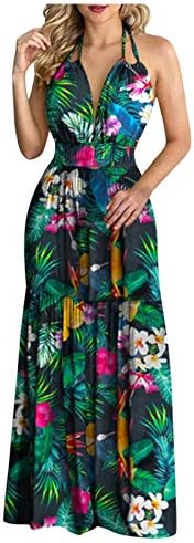נשים מקסי ארוך שמלת בוהמיה פרחוני הדפסת שמלה קיצית הלטר צוואר ללא משענת אלגנטית פורמליות מסיבת חוף שמלות