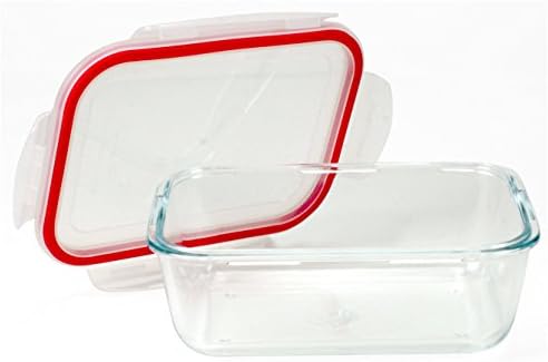 בורוסיליקט מיקרוגל ותנור בטוח מלבני זכוכית מזון אחסון מיכל עם הצמד נעילה מכסה פלסטיק, בטנה אדומה, 27