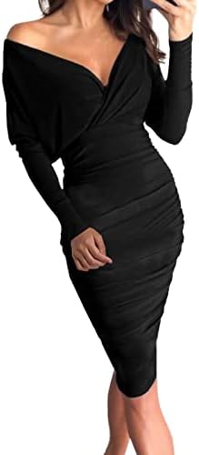 אופנה סקסי סטרפלס V צוואר צבע מוצק שמלת רזה משמלה שרוול ארוך טמפרמנט שמלת מסיבה משופעת שמלות נשים פורמליות