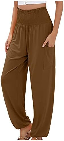 HCJKDU נשים קיץ מכנסיים ארוכים במותניים גבוהות עם פשתן כותנה פשתן רחב רגל רחבה עם טרקלין כיס רופף מכנסי