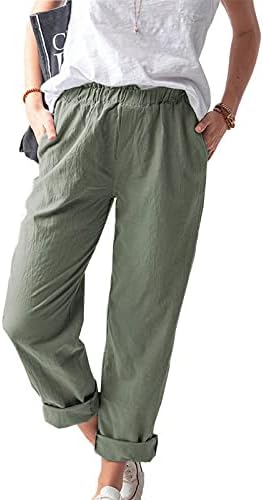 מכנסי פשתן של Rdegoocha לנשים כפתורי מכנסיים קצוצים כיס מותניים אלסטיים גבוהים קיץ עבודה מזדמן מכנסי