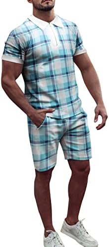 קיץ של שני חלקים משובצים משובצים חולצות שרוול קצרות ומכנסיים מכנסיים קצרים עם 6 חליפות כפתורים לגברים