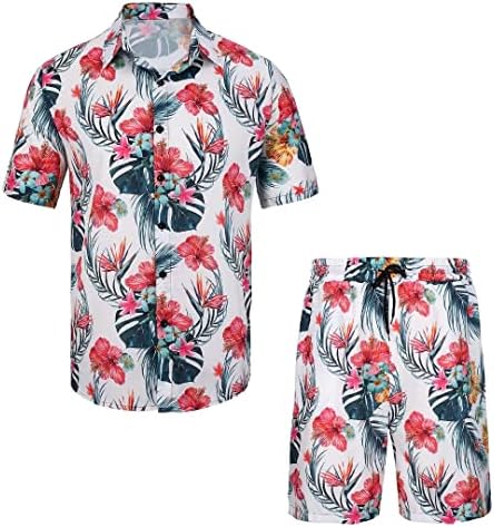 מגוב חוף חולצה ומכנסיים קצרים סט לגברים קיץ תלבושת קצר שרוול הוואי פרחוני אימונית 2 חתיכות
