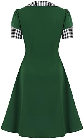 אופנת נשים בריטי פונה צווארון משובץ הדפס שמלת שרוול קצר