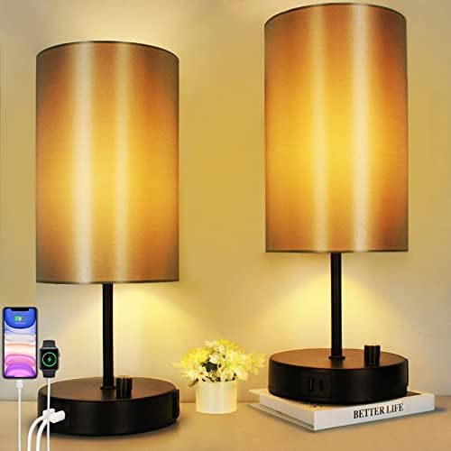 סט 17.75 אינץ ' של 2 מנורות שולחן ליד המיטה עם יציאות טעינה ושקע חשמל, אורות שידה לחדר שינה הניתנים
