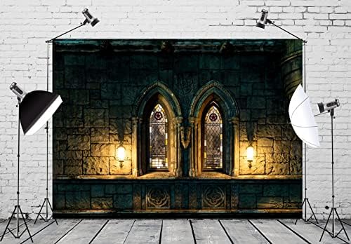 בלקו בד 10 על 8 רגל טירה גותית רקע צילום טירת אבן עתיקה חלונות מקושתים עם ויטראז ' אור עמום ליל כל הקדושים
